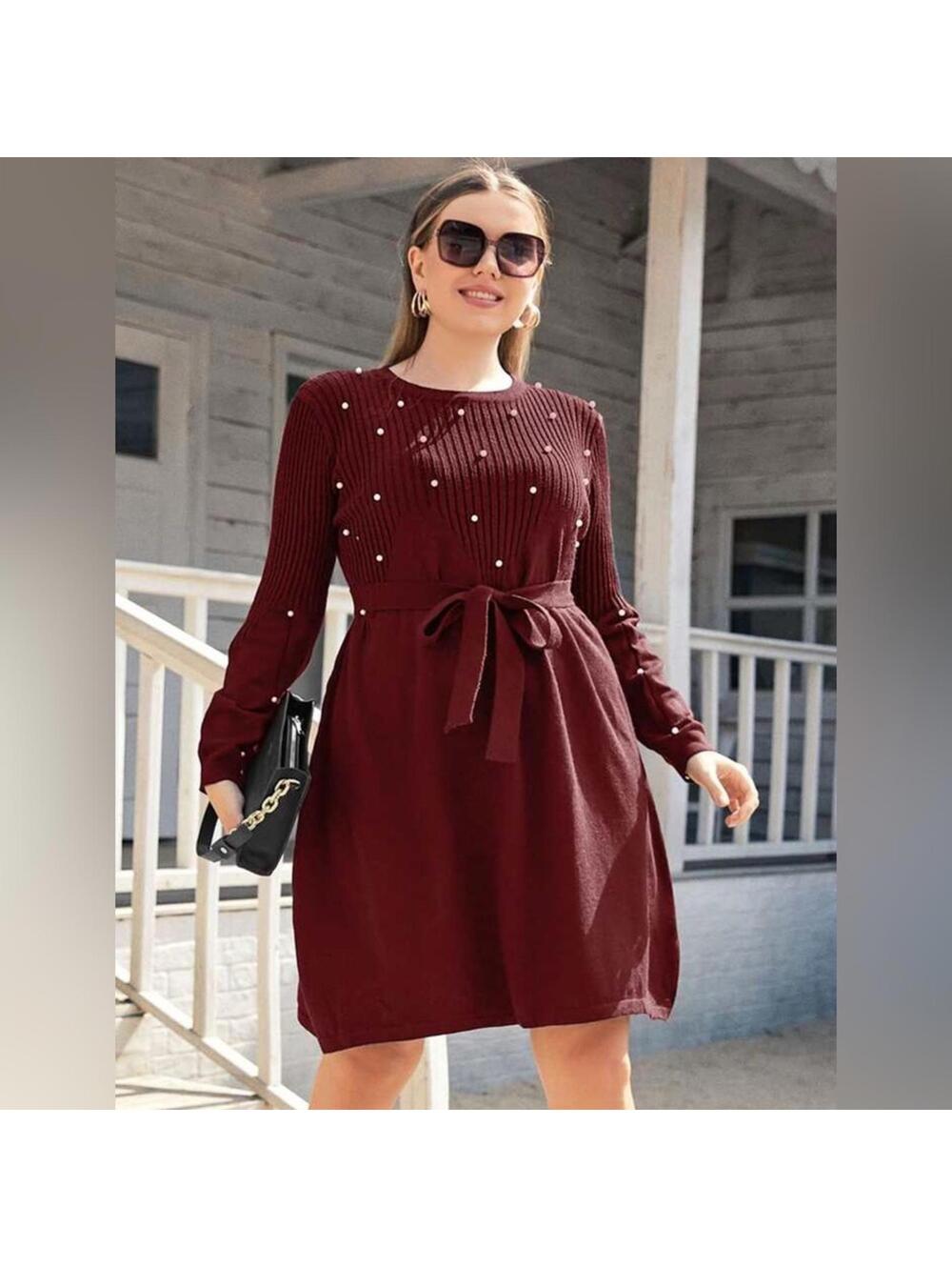Elegant Burgundy Knit Dress with Pearl Accents